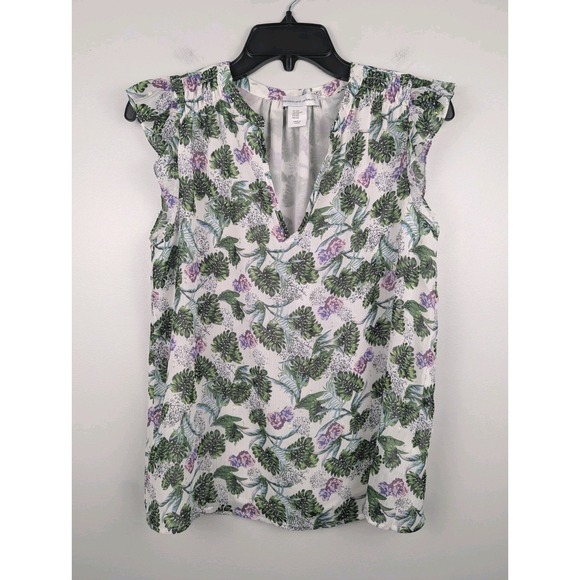 Cupcakes and Cashmere Womens Blouse XS‎ Flutter Sleeve Roses Leaves Silver Lined - Picture 1 of 8